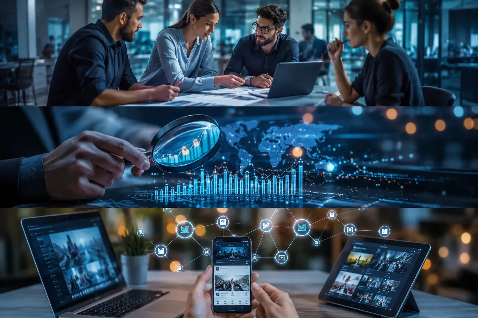 Digital marketing strategy, analytics, and social media campaign collage