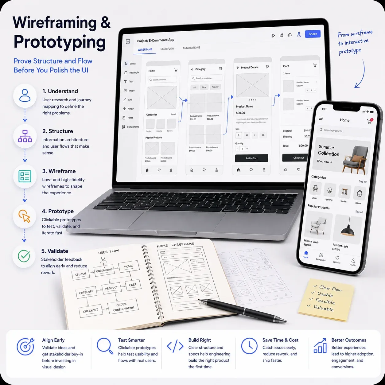 Wireframe and prototype preview on laptop