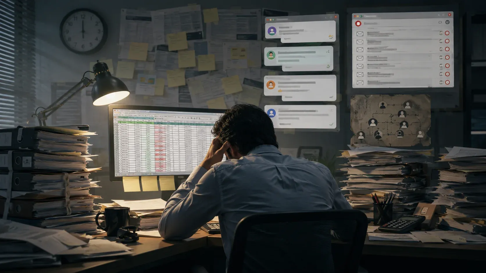 Traditional IT office with shared passwords on notes