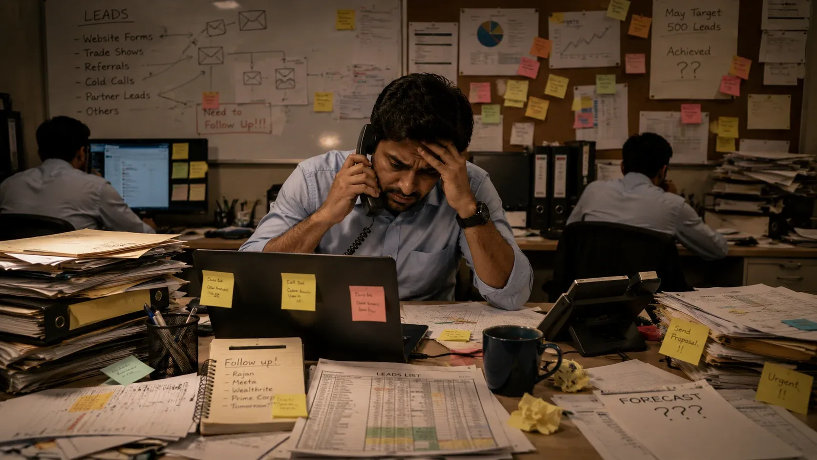 Traditional sales floor with spreadsheet lead lists