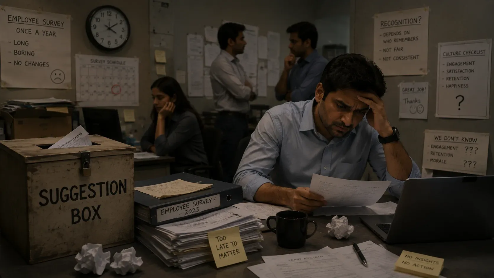 Traditional workplace with a neglected suggestion box