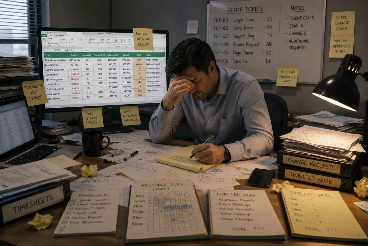 Traditional IT services office with spreadsheet trackers