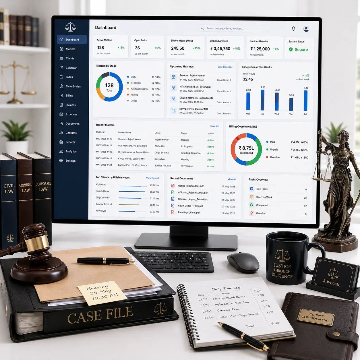 Law practice dashboard for matters, hearings, and documents