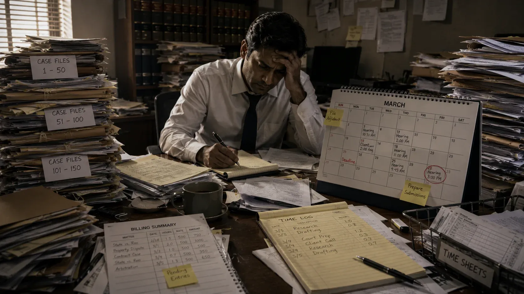 Traditional law office with stacks of paper case files
