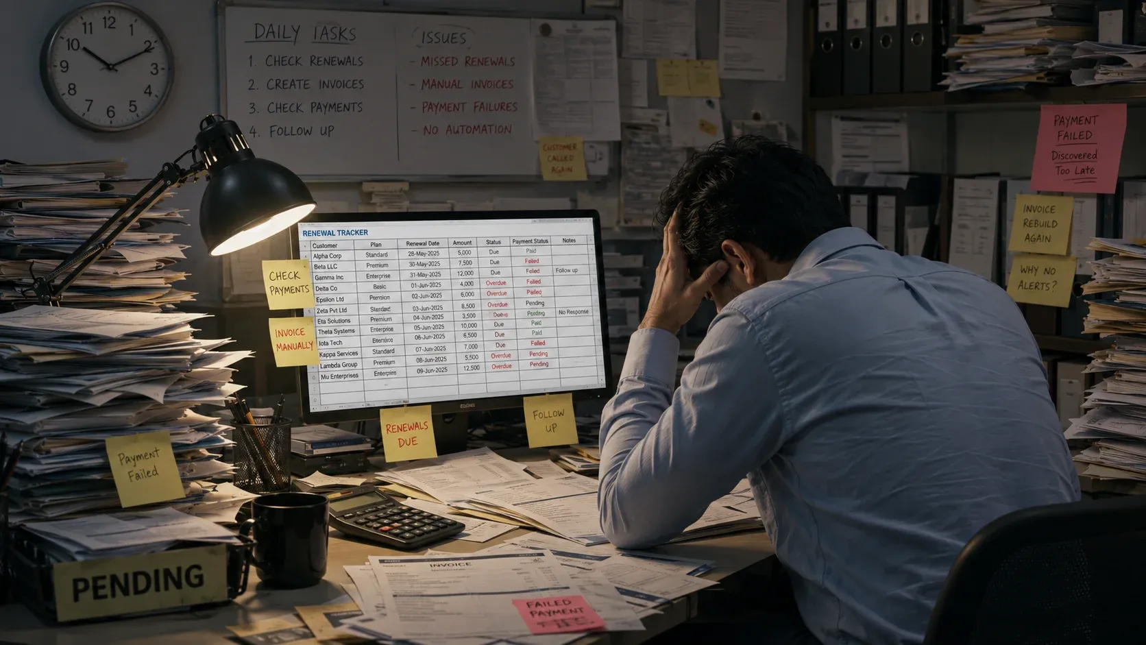 Traditional billing desk with spreadsheet renewal trackers