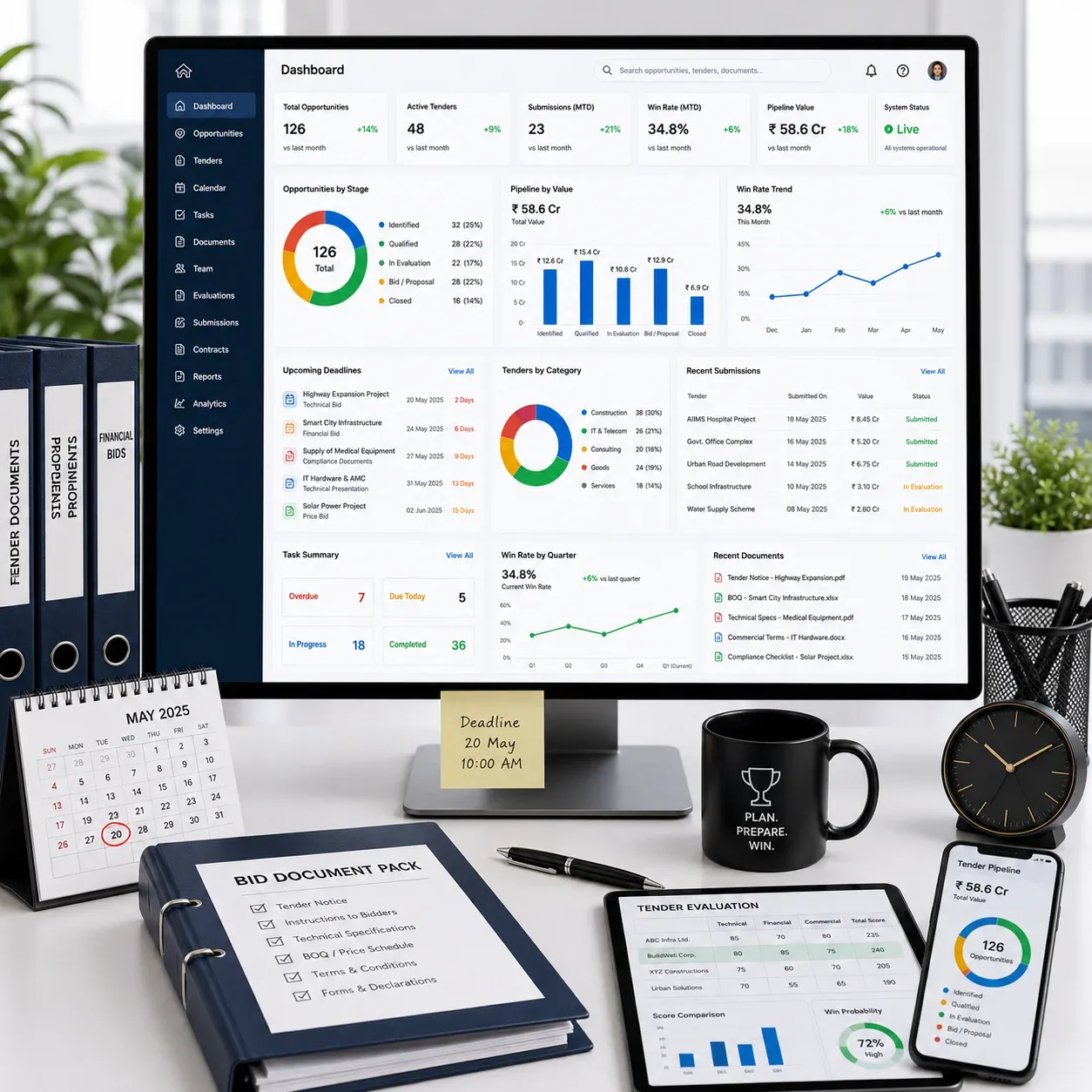 Tender management dashboard for bids, documents, and deadlines