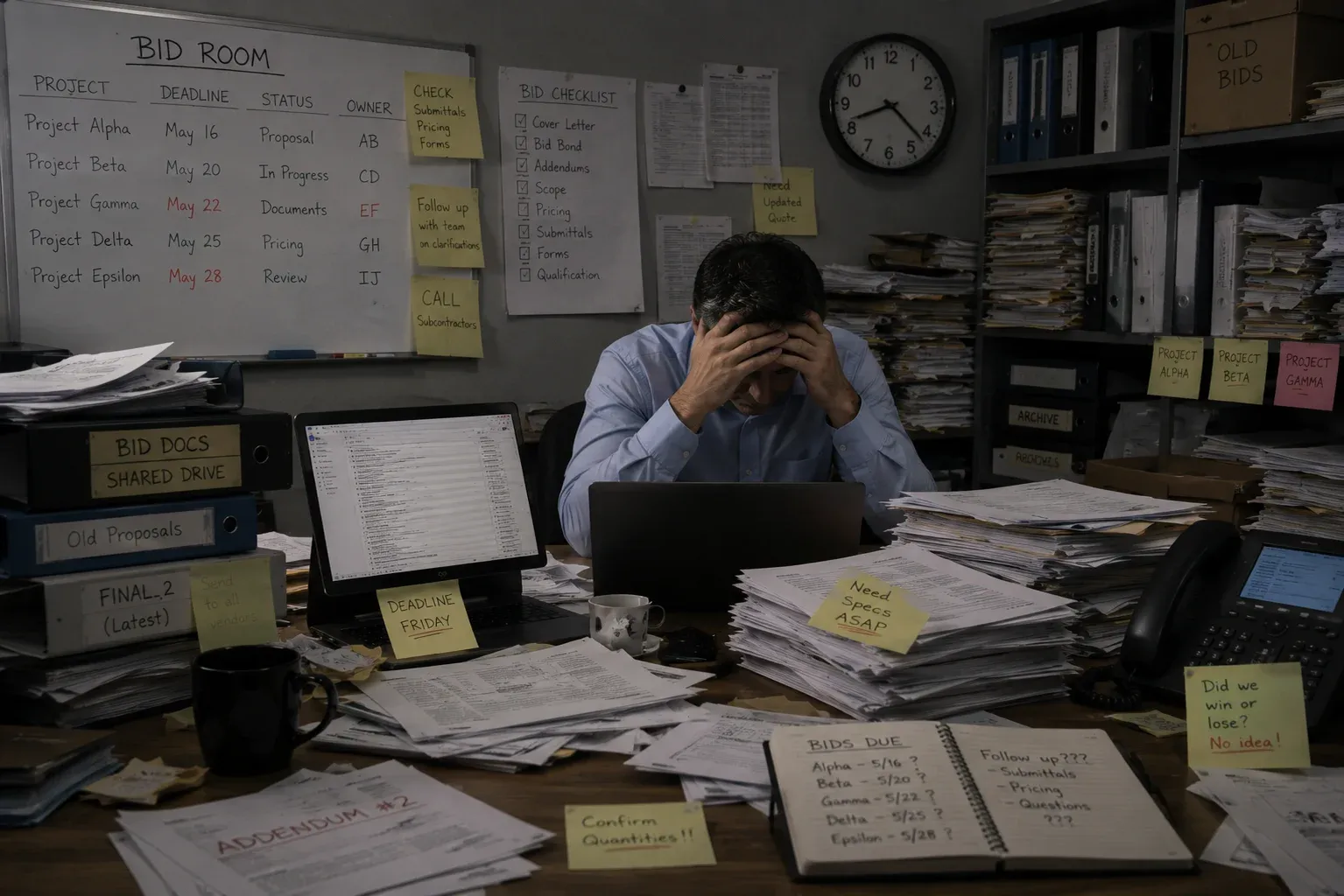 Traditional bid room with stacks of tender documents
