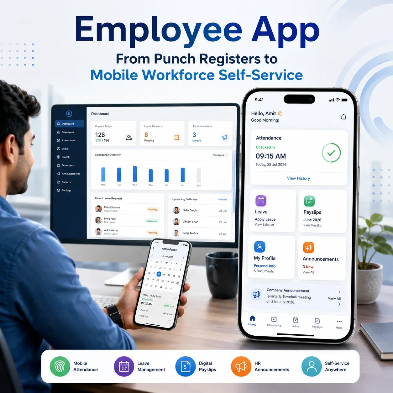 Employee mobile attendance and leave app