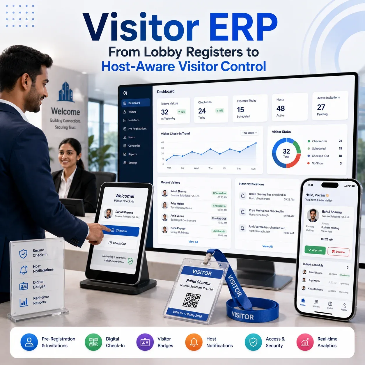 Visitor check-in badge and host notification