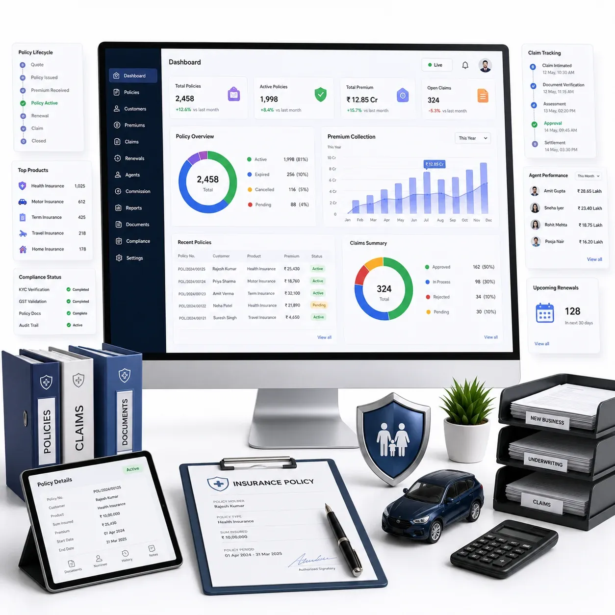 Insurance management dashboard for policies, premiums, and claims