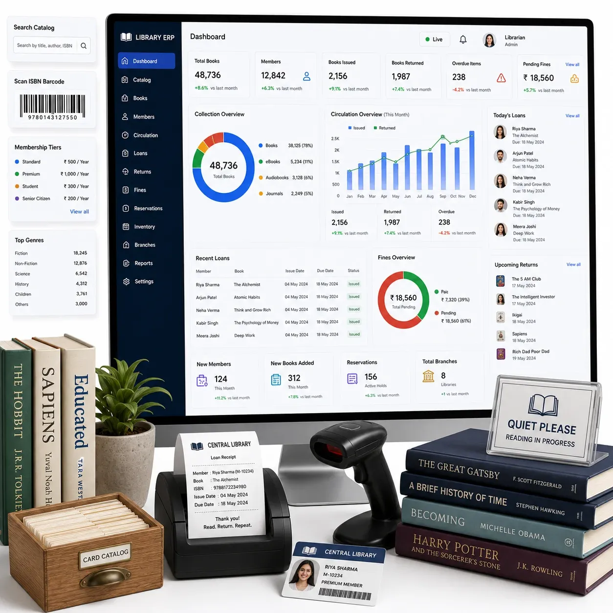 Library management dashboard for catalog, lending, and membership
