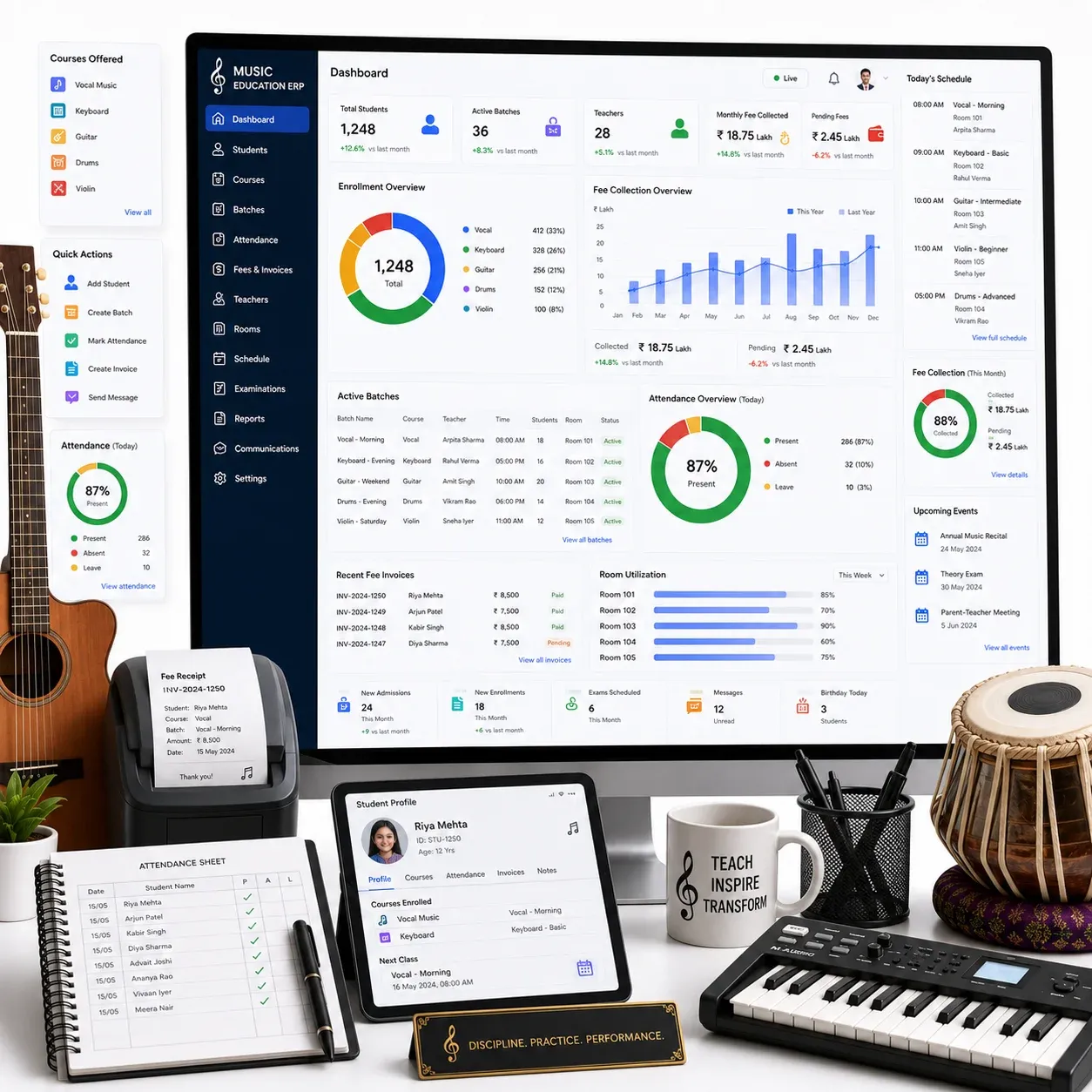 Music institute management dashboard for courses, students, and attendance