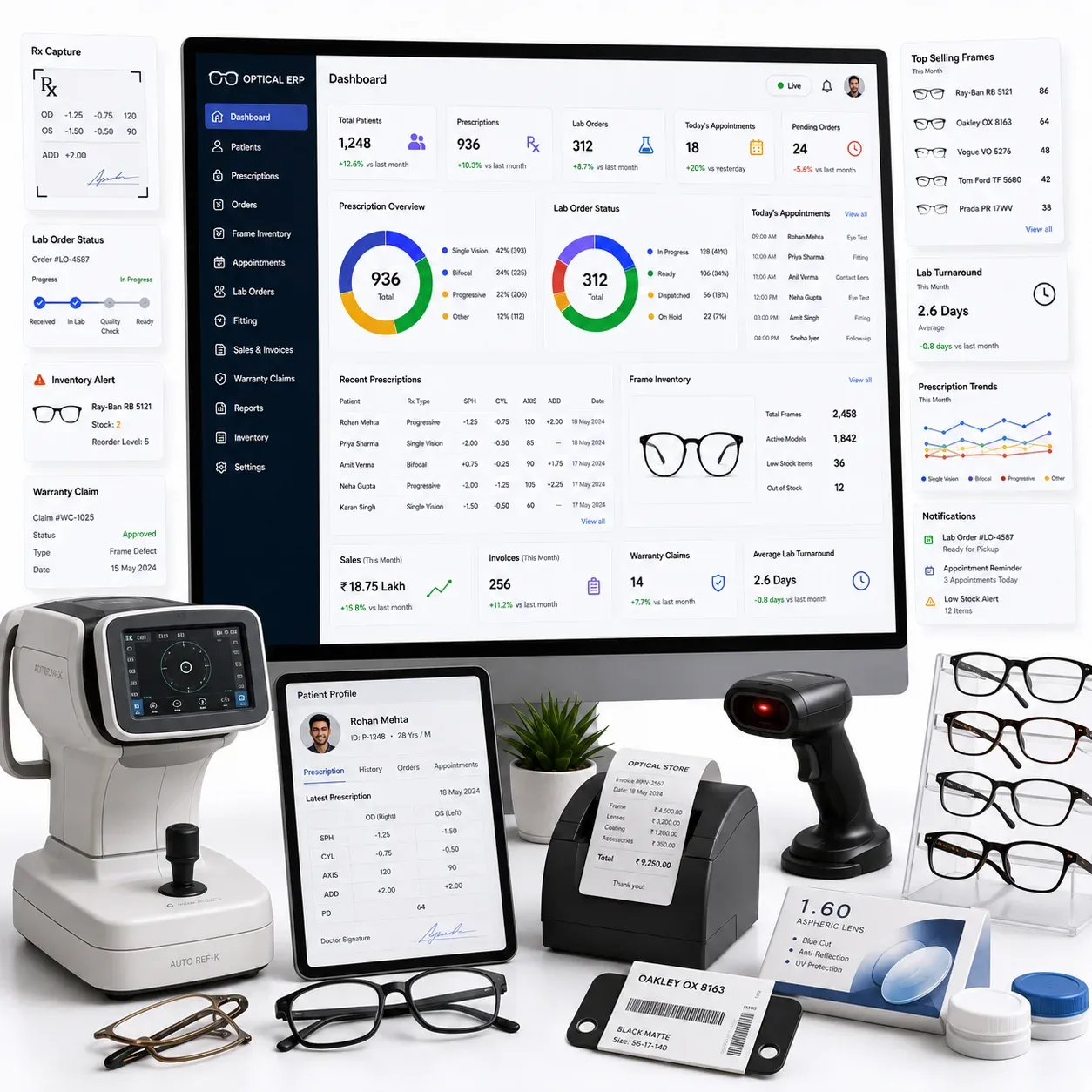 Optical management dashboard for prescriptions, frames, lenses, and lab orders
