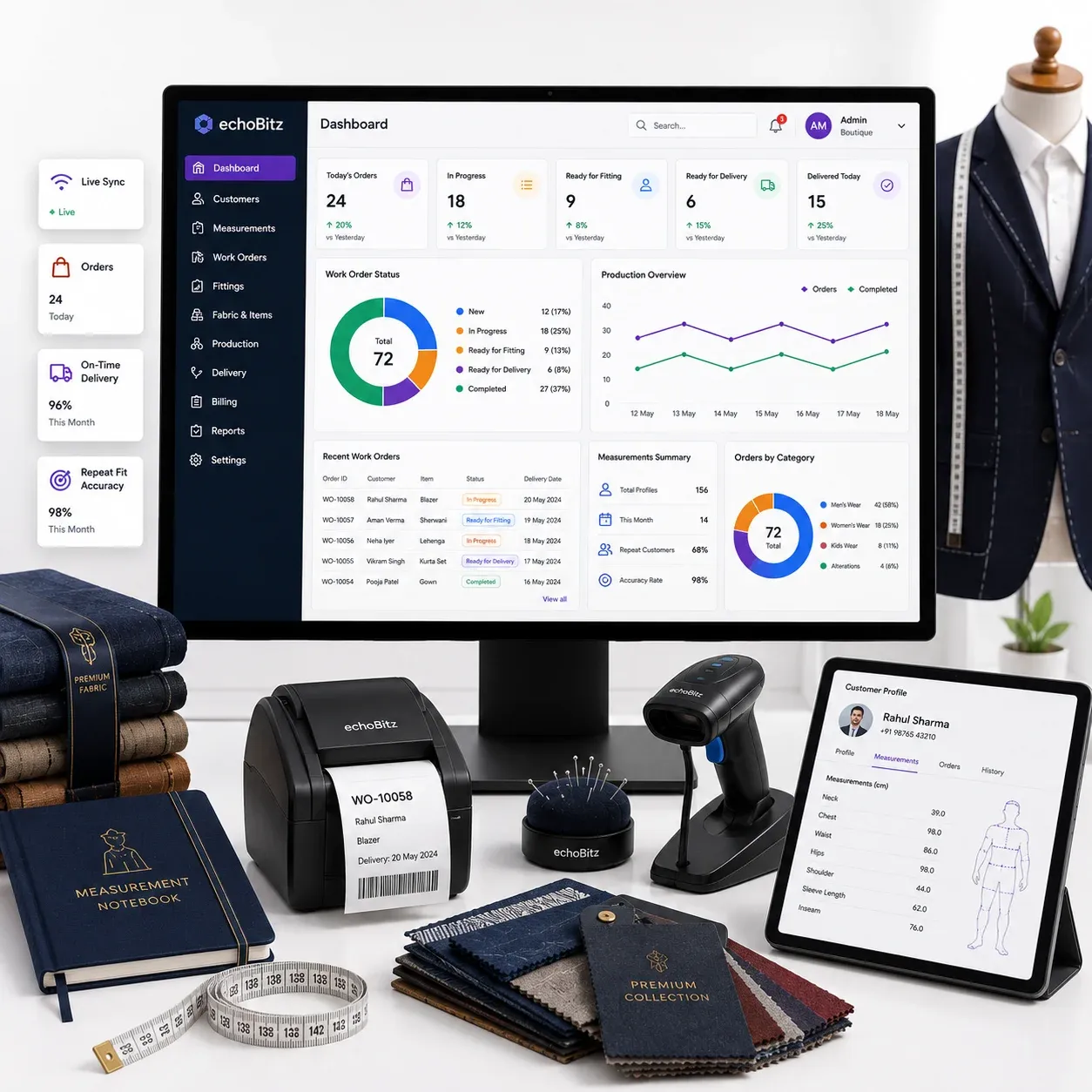 Tailoring management dashboard for measurements, work orders, and fittings