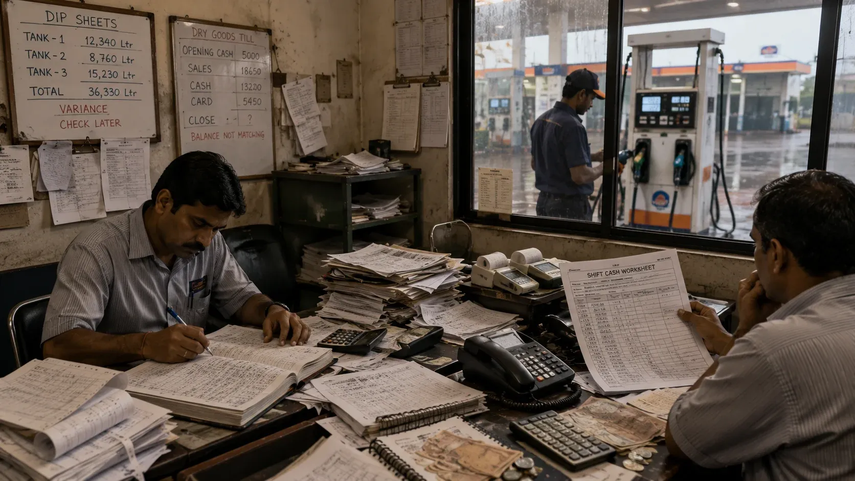 Traditional petrol station back-office with paper dip books