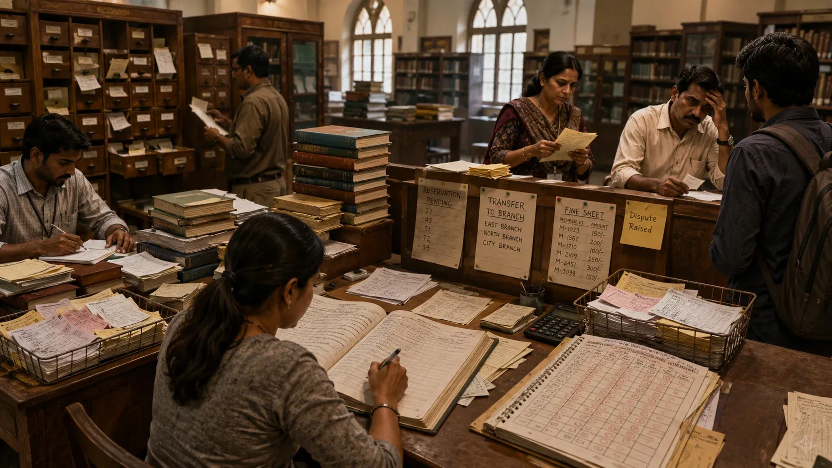 Traditional library circulation desk with paper issue registers