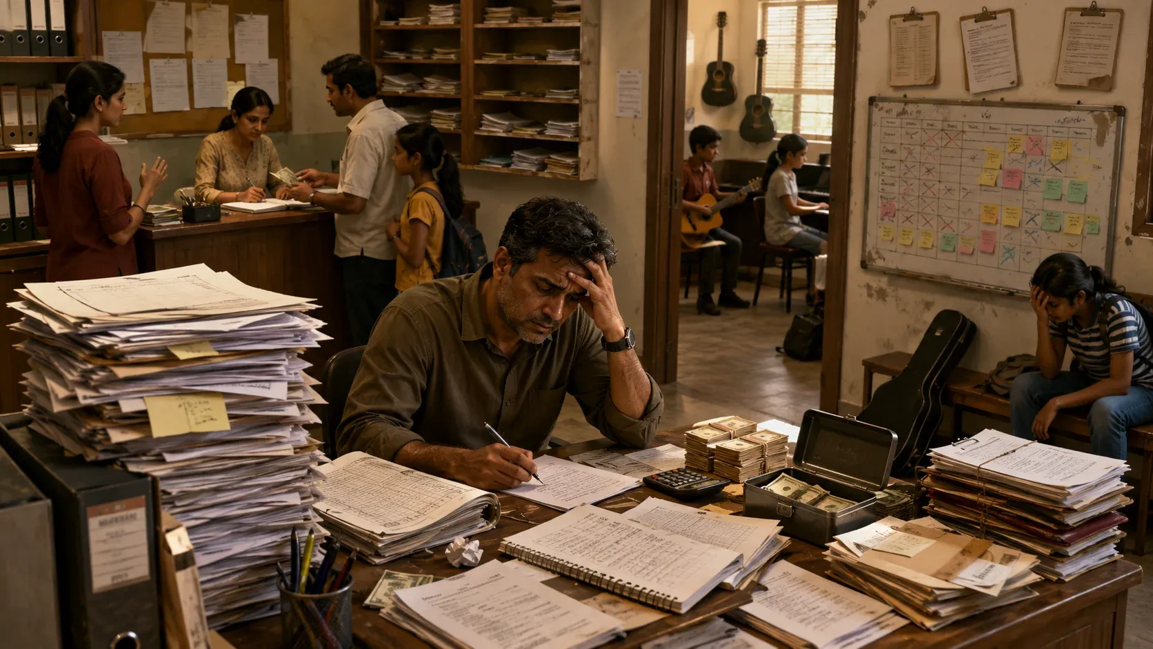Traditional music institute office with paper enrollment registers
