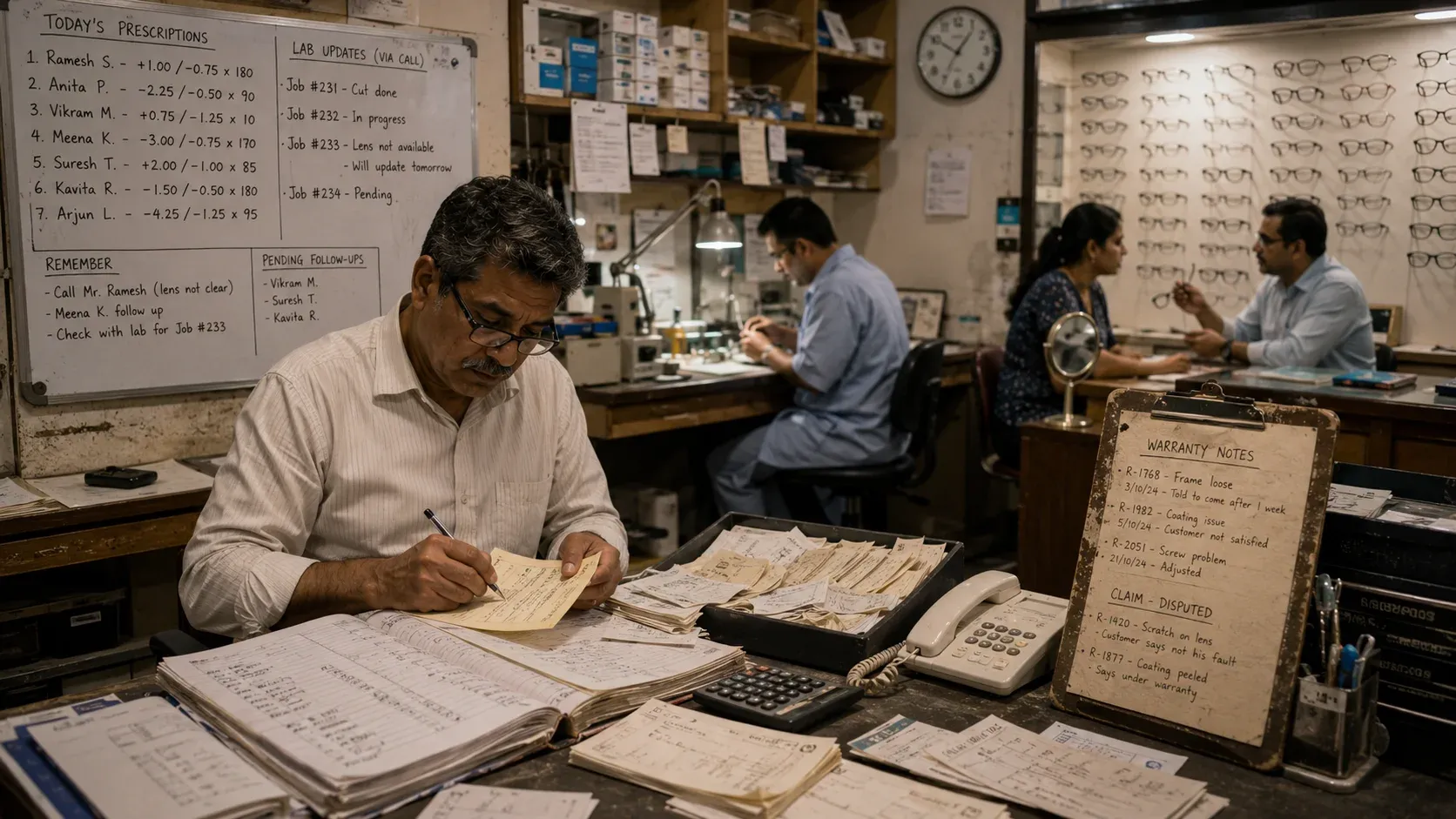 Traditional optical shop with paper prescription slips