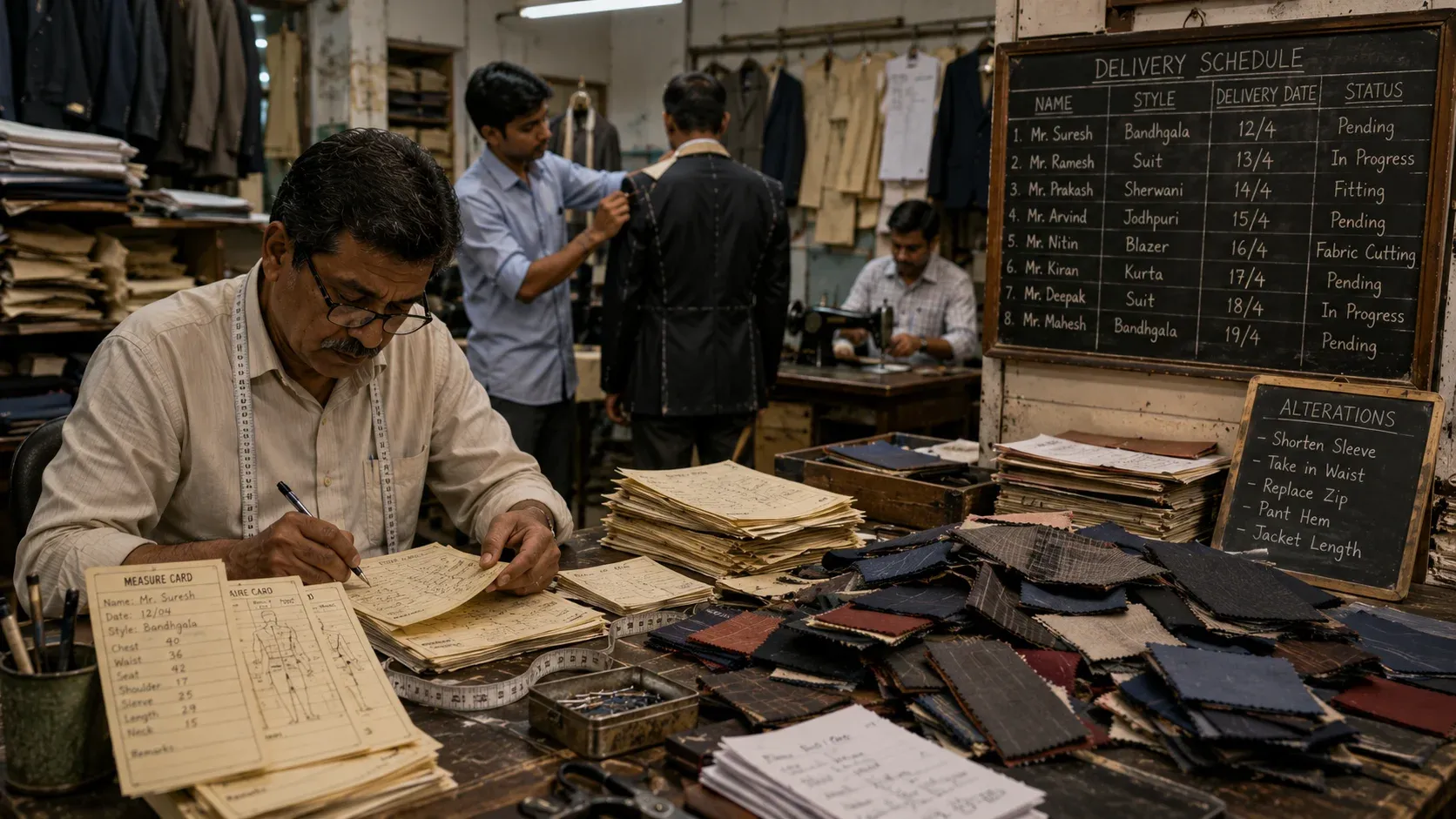 Traditional tailoring workshop with paper measurement notes