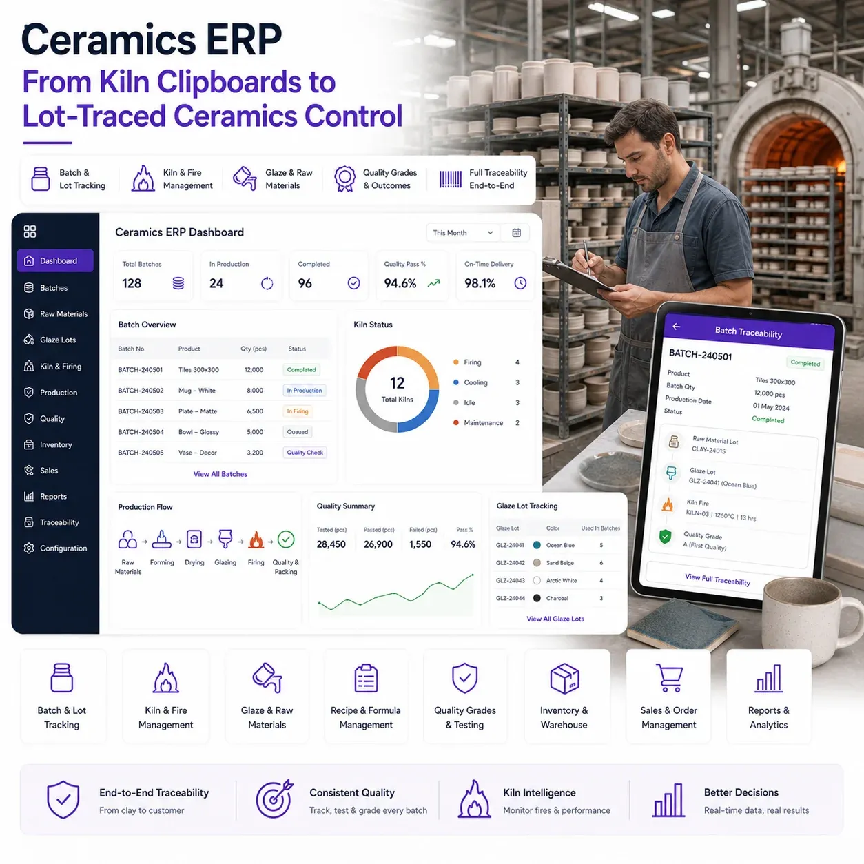 Ceramics kiln schedule and lot quality tracking