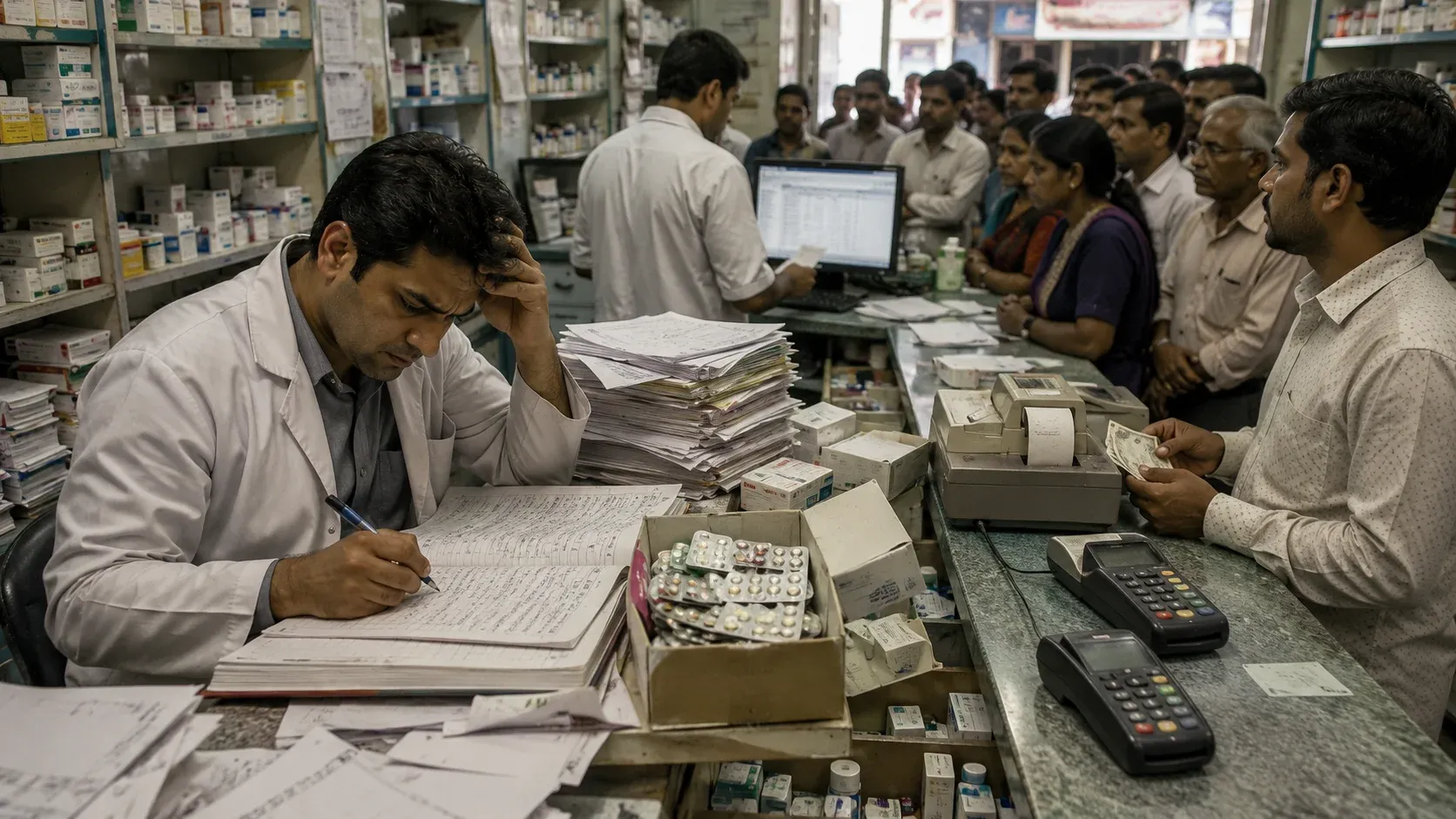Traditional pharmacy warehouse operations with inventory storage
