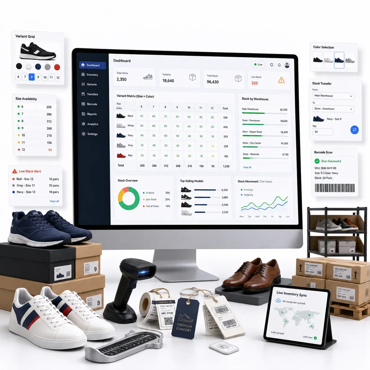 Footwear POS with size and color variant inventory