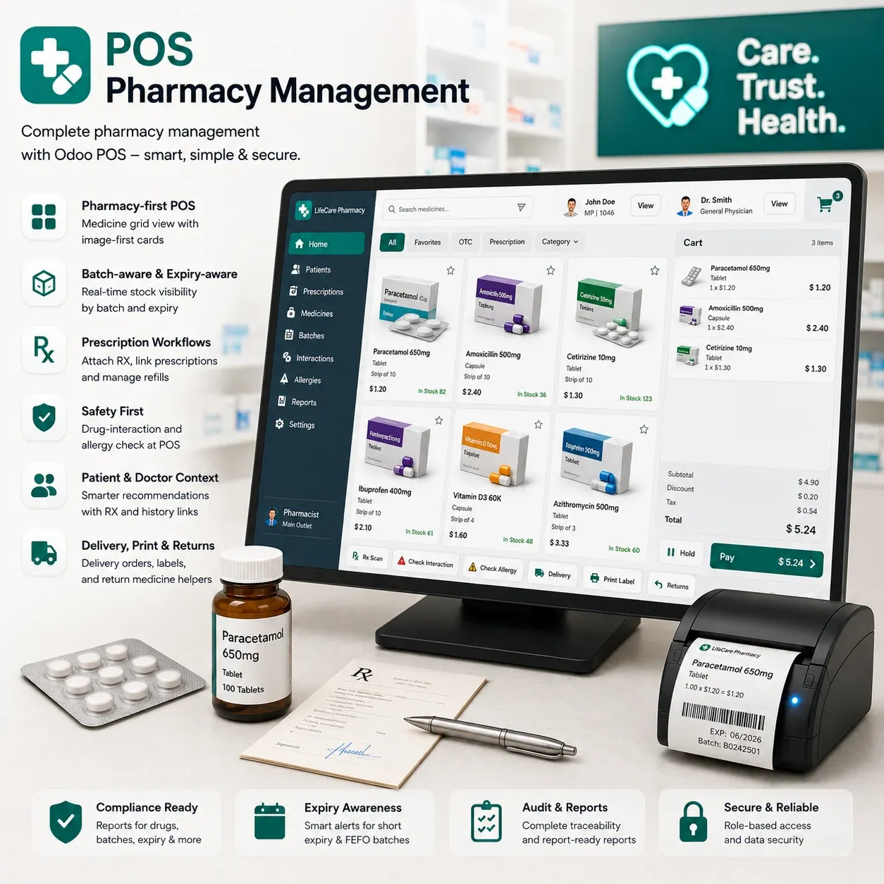 POS Pharmacy Management interface with medicine billing and checkout