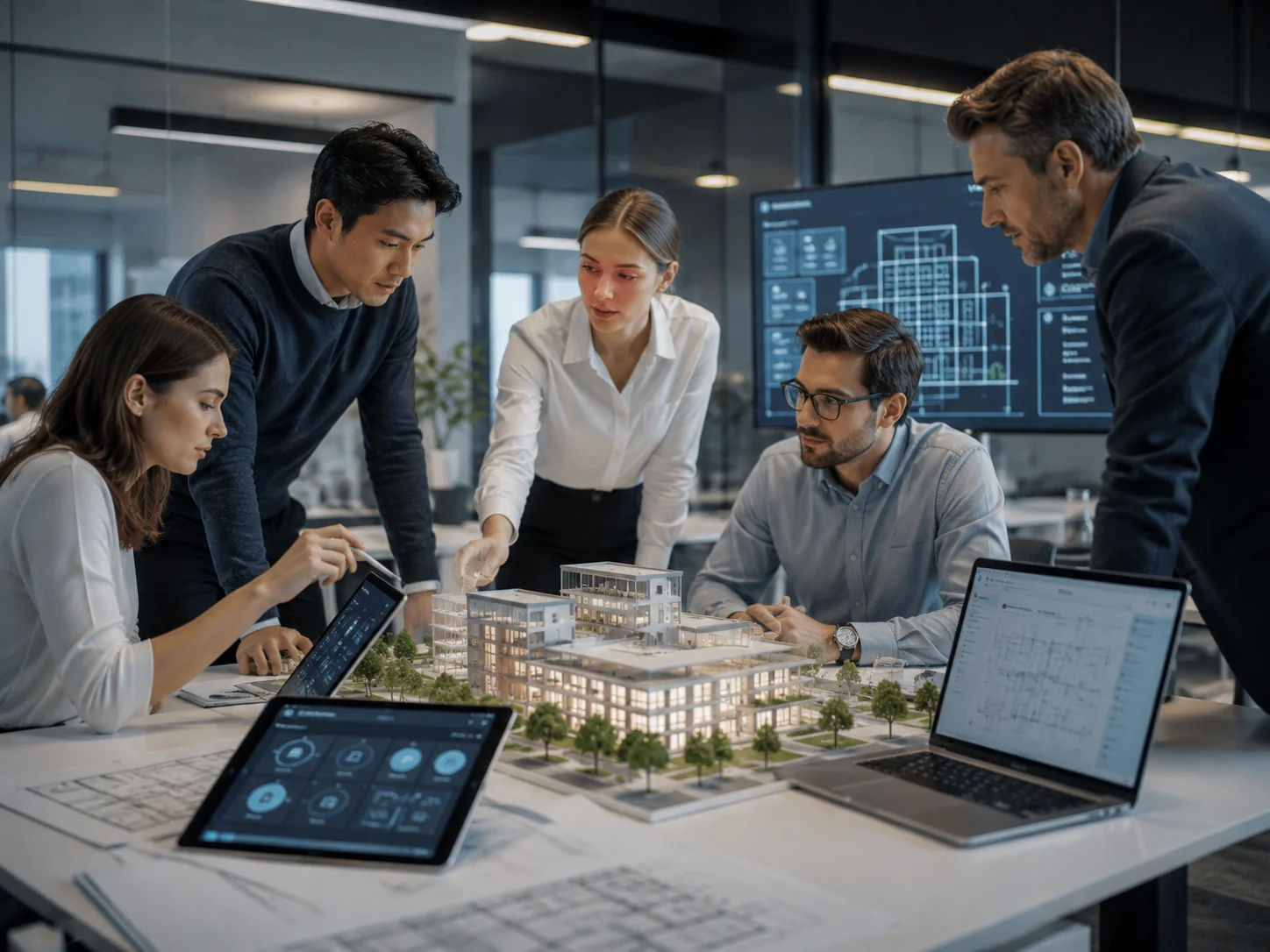 Architecture team reviewing a smart building model