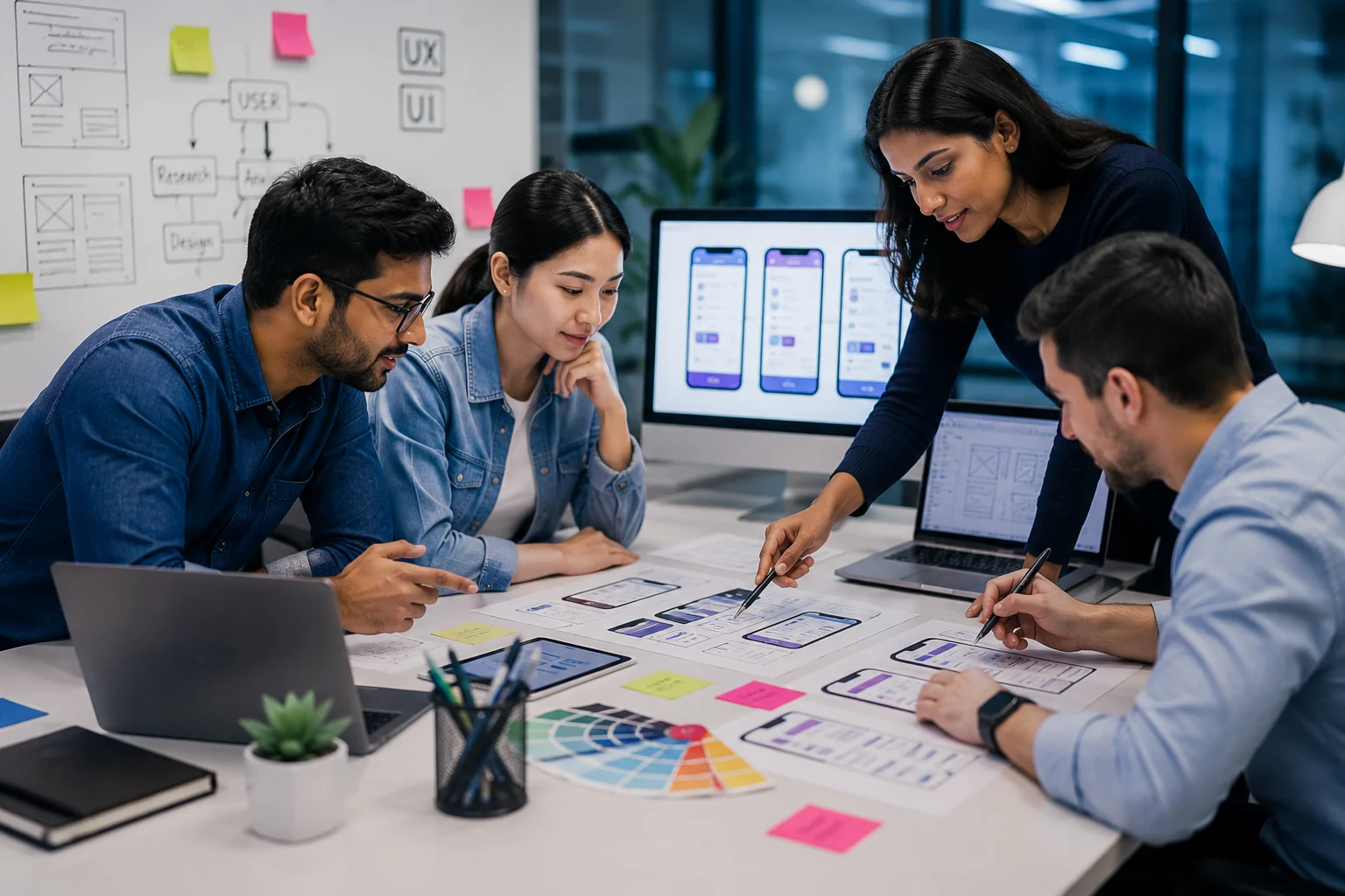 Product design team reviewing mobile application interfaces