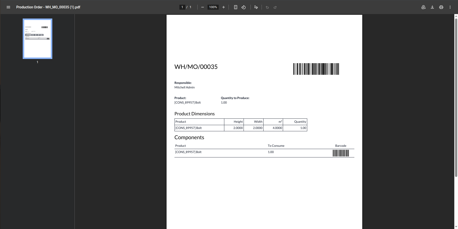 Manufacturing order PDF with product dimension table