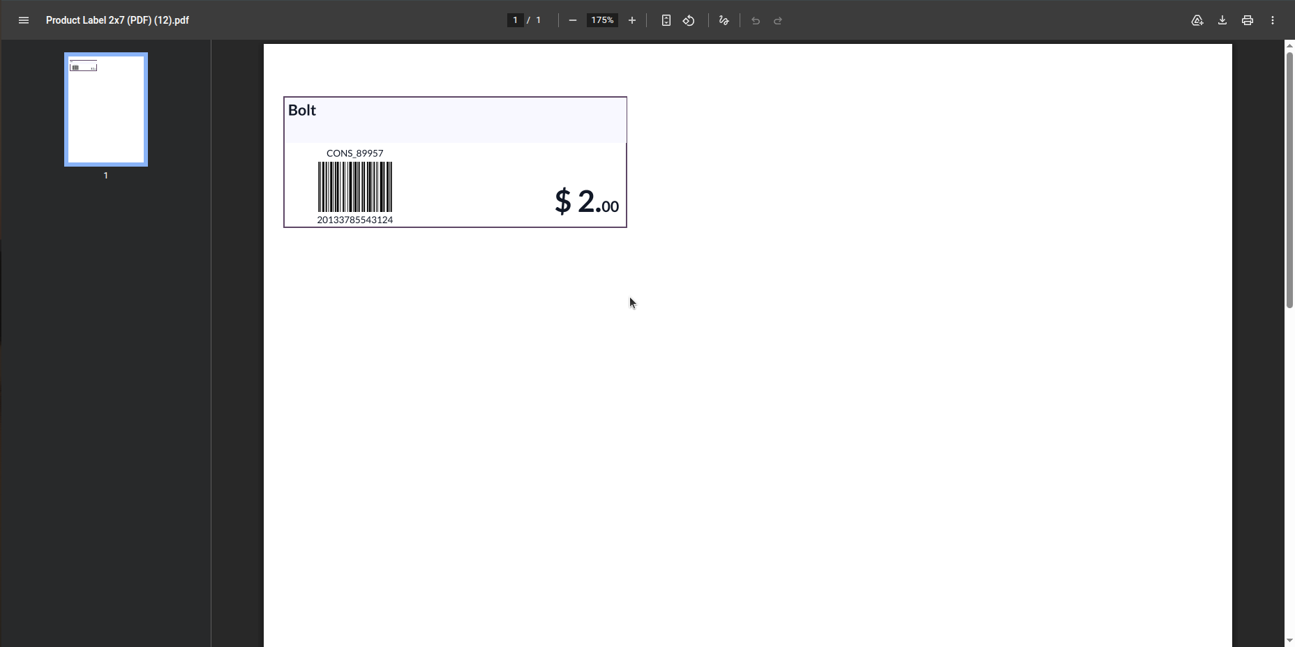 Product label PDF priced by calculated dimension area
