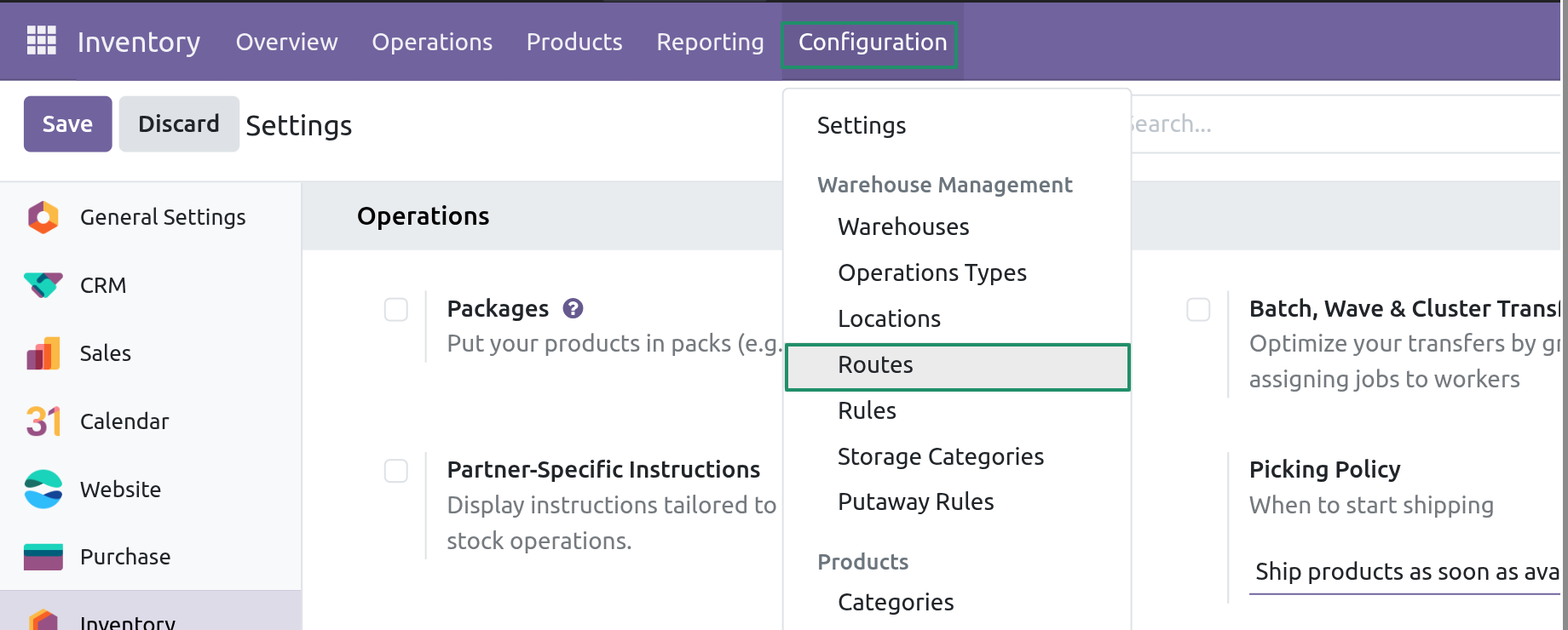 Open the Routes Configuration