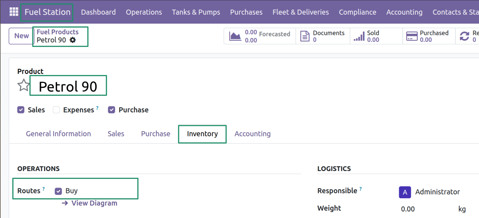 Assign the Buy Route to the Fuel Product