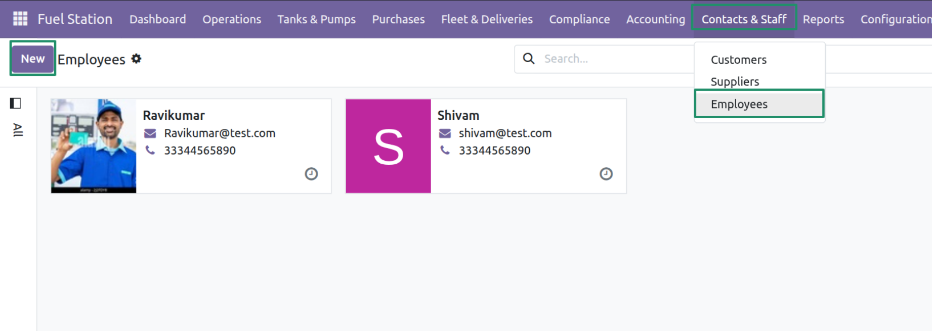 Employees Menu under Contacts & Staff