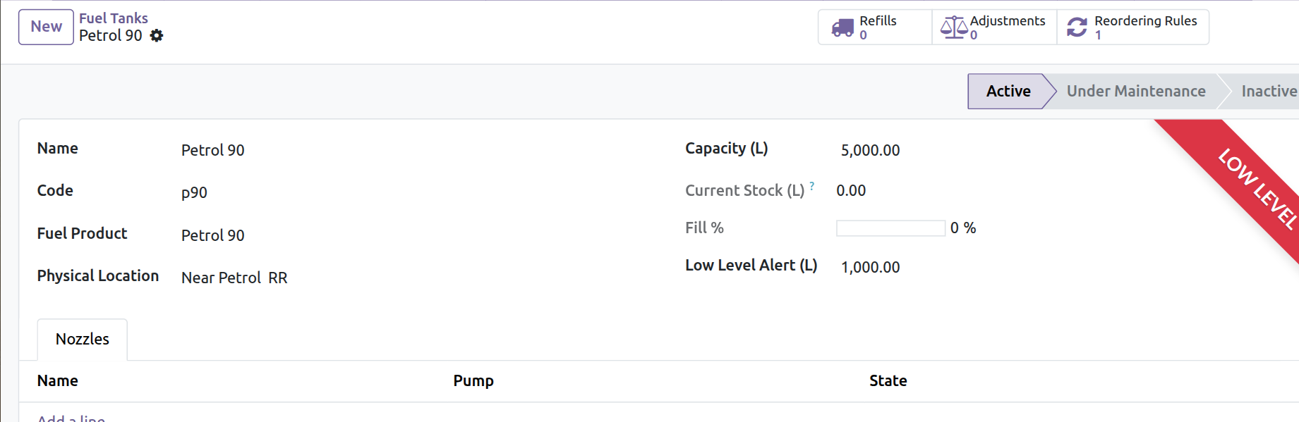 Tank Capacity & Low Level Alert Configured