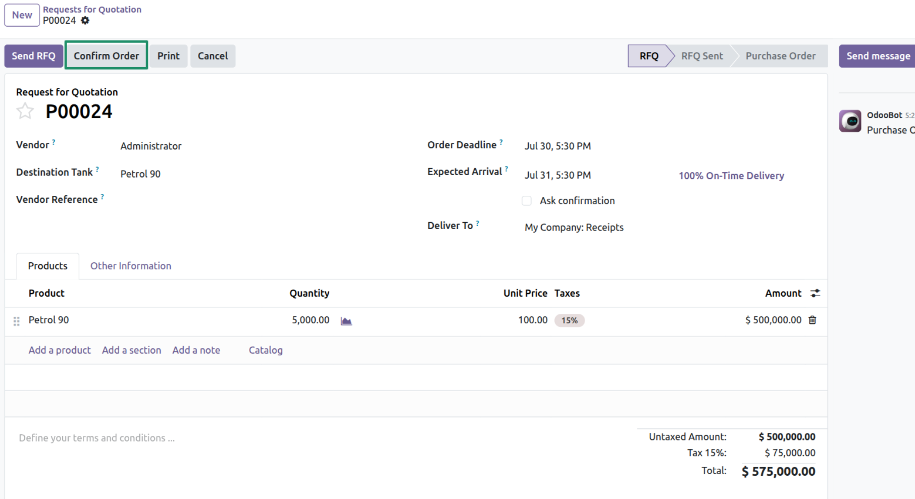RFQ with Destination Tank - Confirm Order