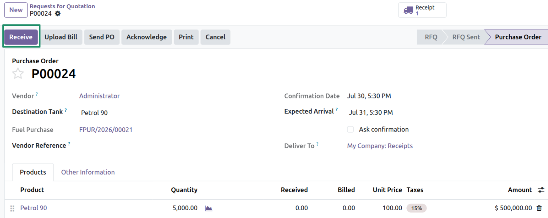 Purchase Order Linked to a Fuel Purchase