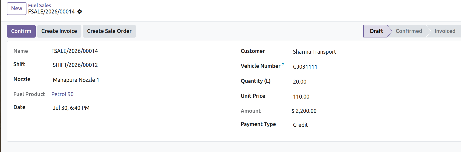 Fuel Sale Form - Quantity, Price & Payment Type