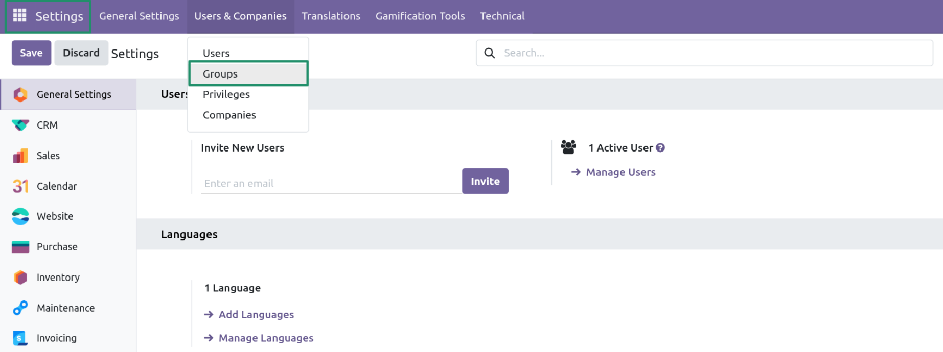 Settings - Users & Companies - Groups