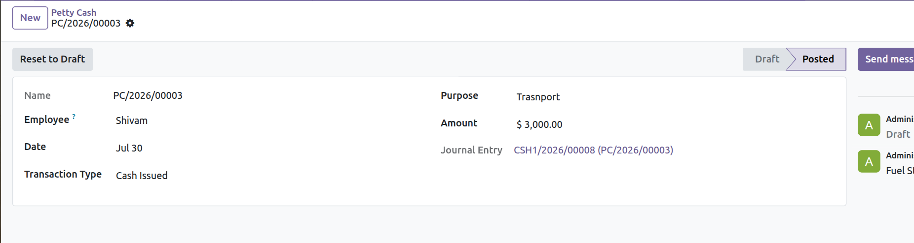 Petty Cash Posted - Journal Entry Linked