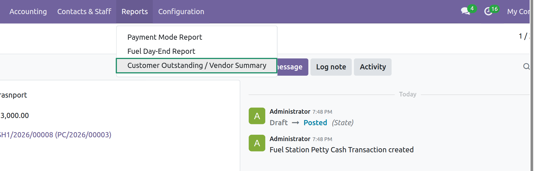 Reports Menu - Customer Outstanding / Vendor Summary