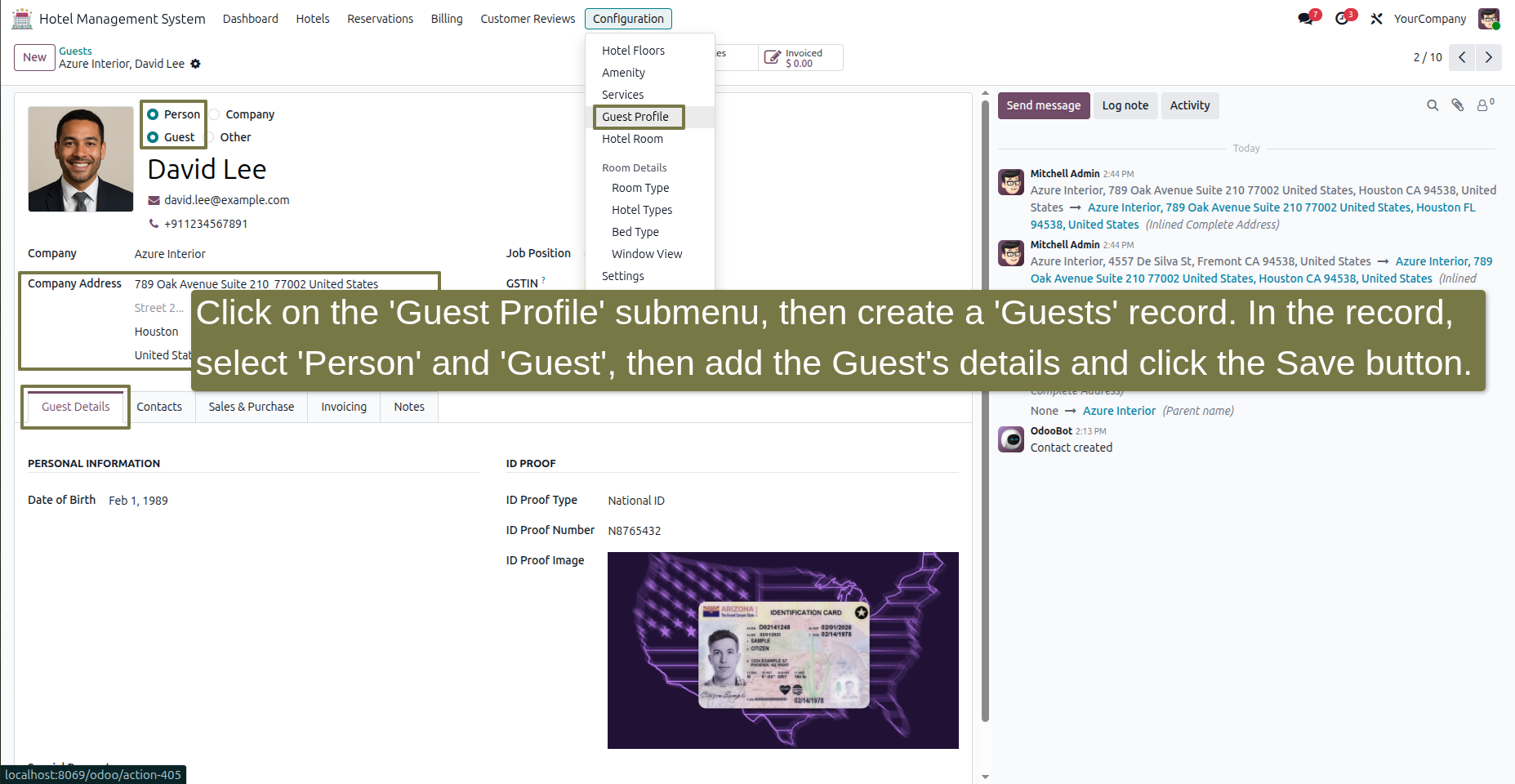 In the Hotel Management System module, click on the 'Hotel' menu, then click on the 'Guests' submenu. Click the 'New' button, enter values in the fields, and then click the 'Save' button.