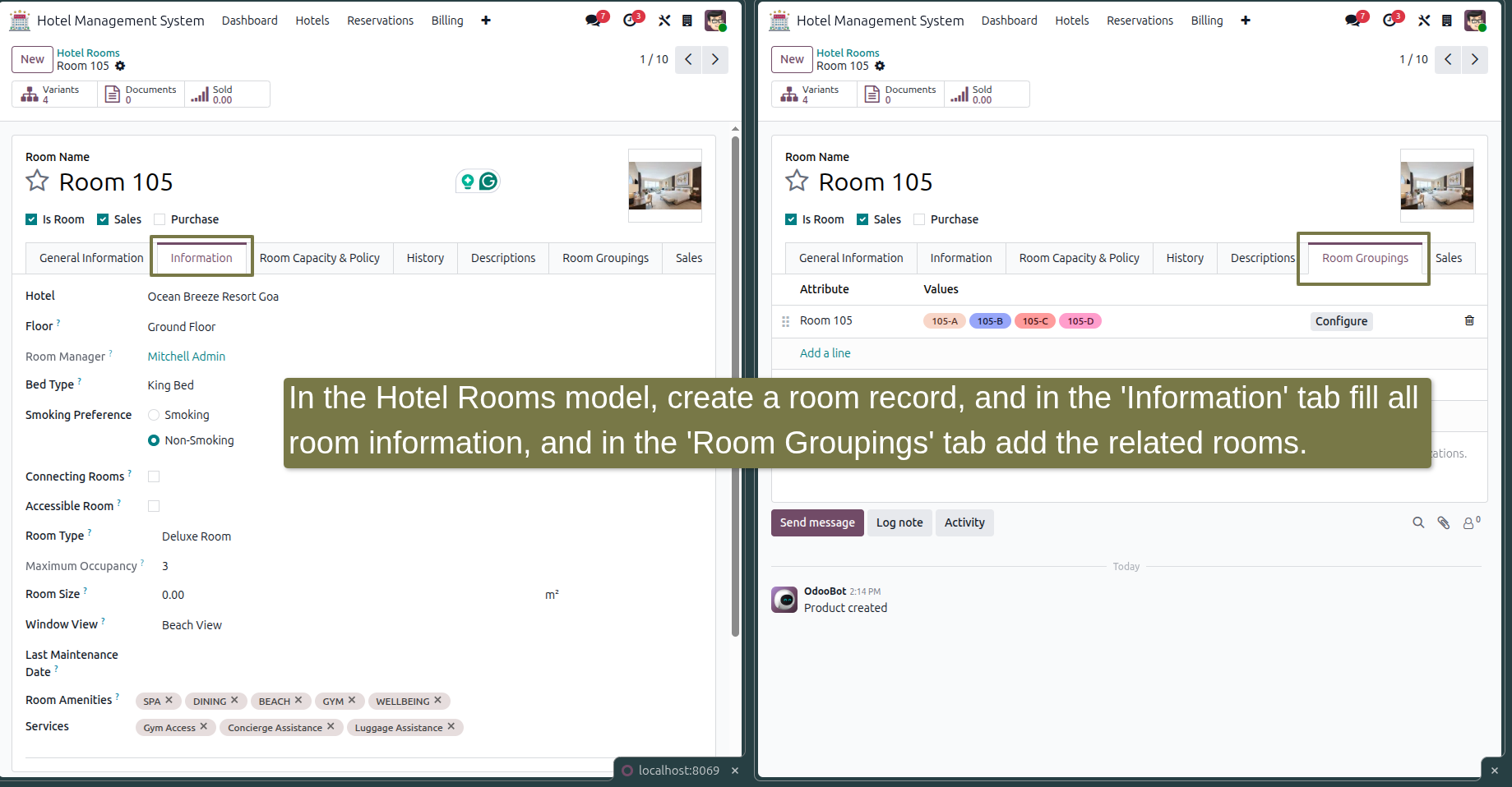 In the Hotel Management System module, click on the 'Hotel' menu, then click on the 'Rooms' submenu. Click the 'New' button, enter values in the fields, and then click the 'Save' button.