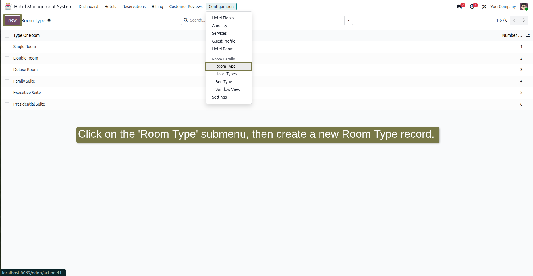 In the Hotel Management System module, click on the 'Configuration' menu, then click on the 'Room Type' submenu. Click the 'New' button, enter values in the fields, and then click the 'Save' button.