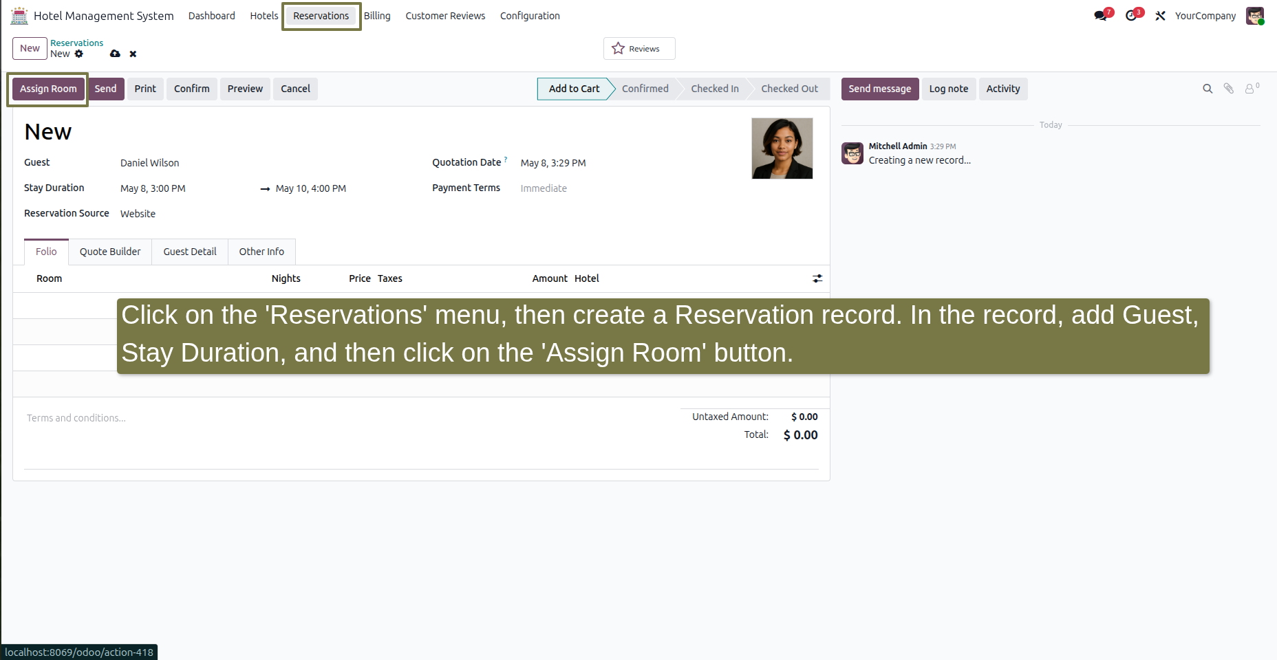 In the Hotel Management System module, click on the 'Hotel' menu, then click on the 'Reservations' submenu. Click the 'New' button, enter values in the fields, and then click the 'Save' button.