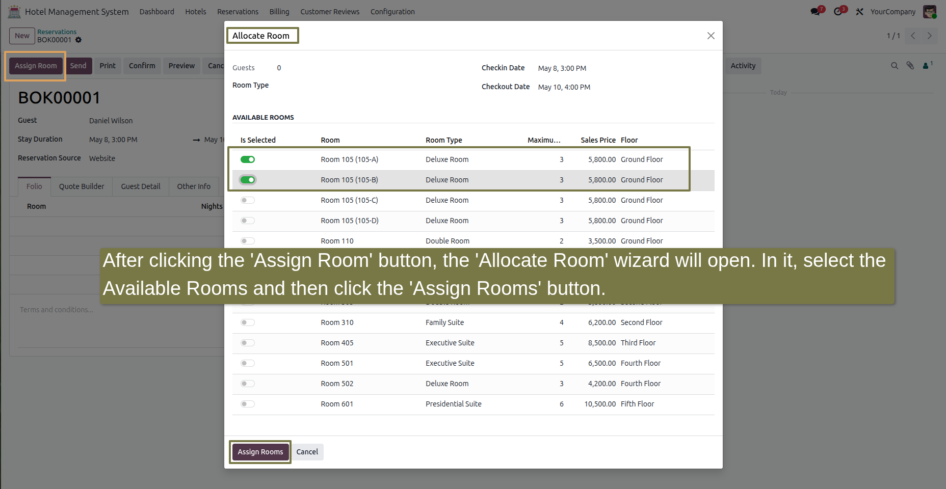 In the Room Reservations model record, click on the 'Allocate Room' smart button. The wizard will open. Add rooms room-type-wise, then click the 'Allocate' button.