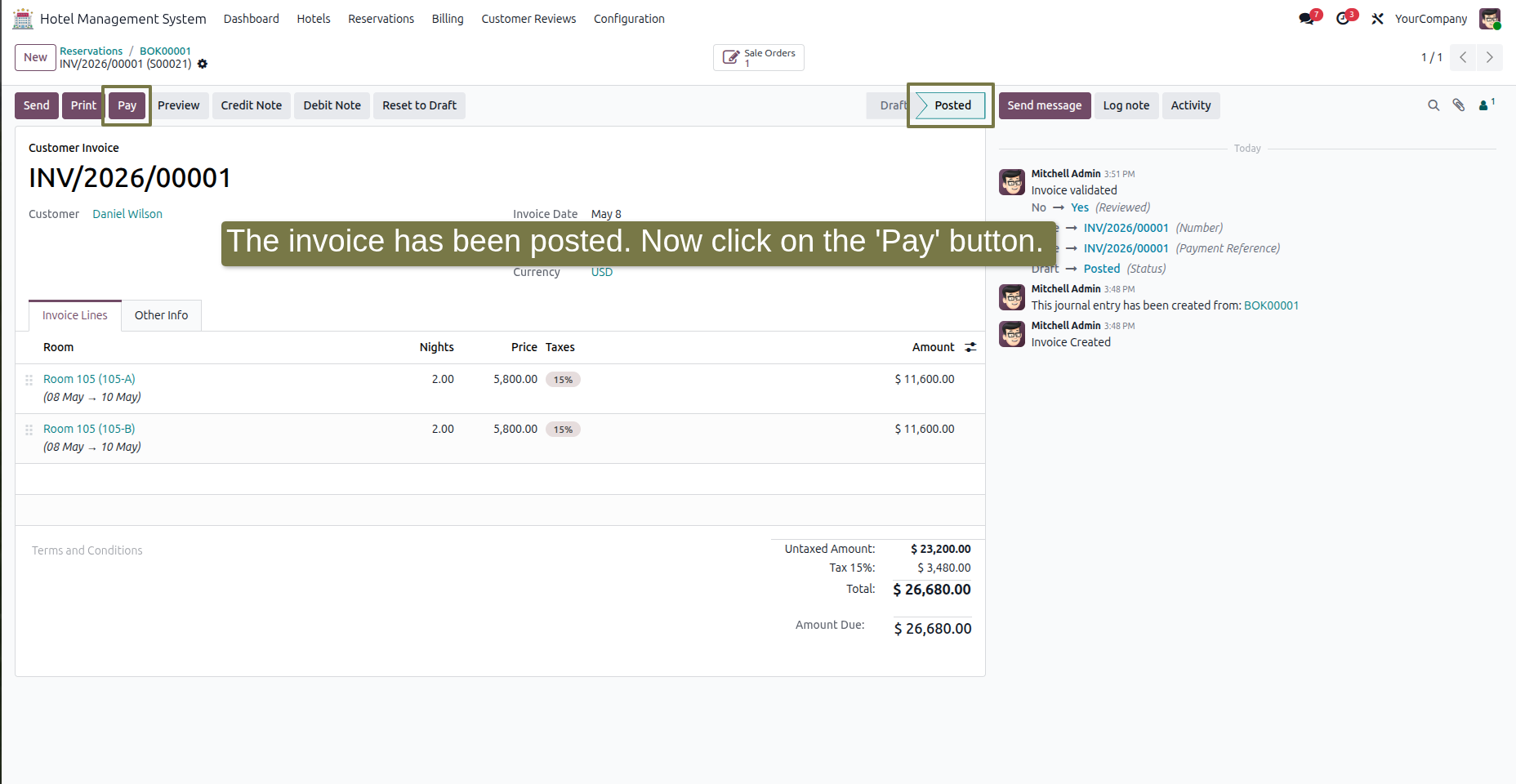 The invoice has been posted. Now click on the 'Pay' button.