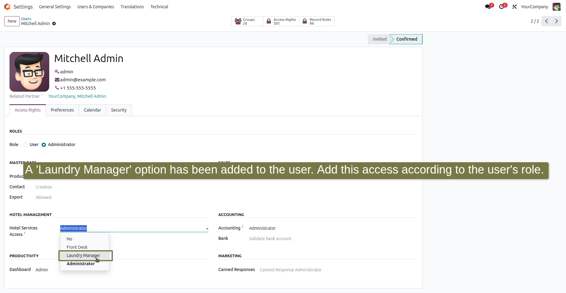 User settings showing the Laundry Manager role option for access assignment.