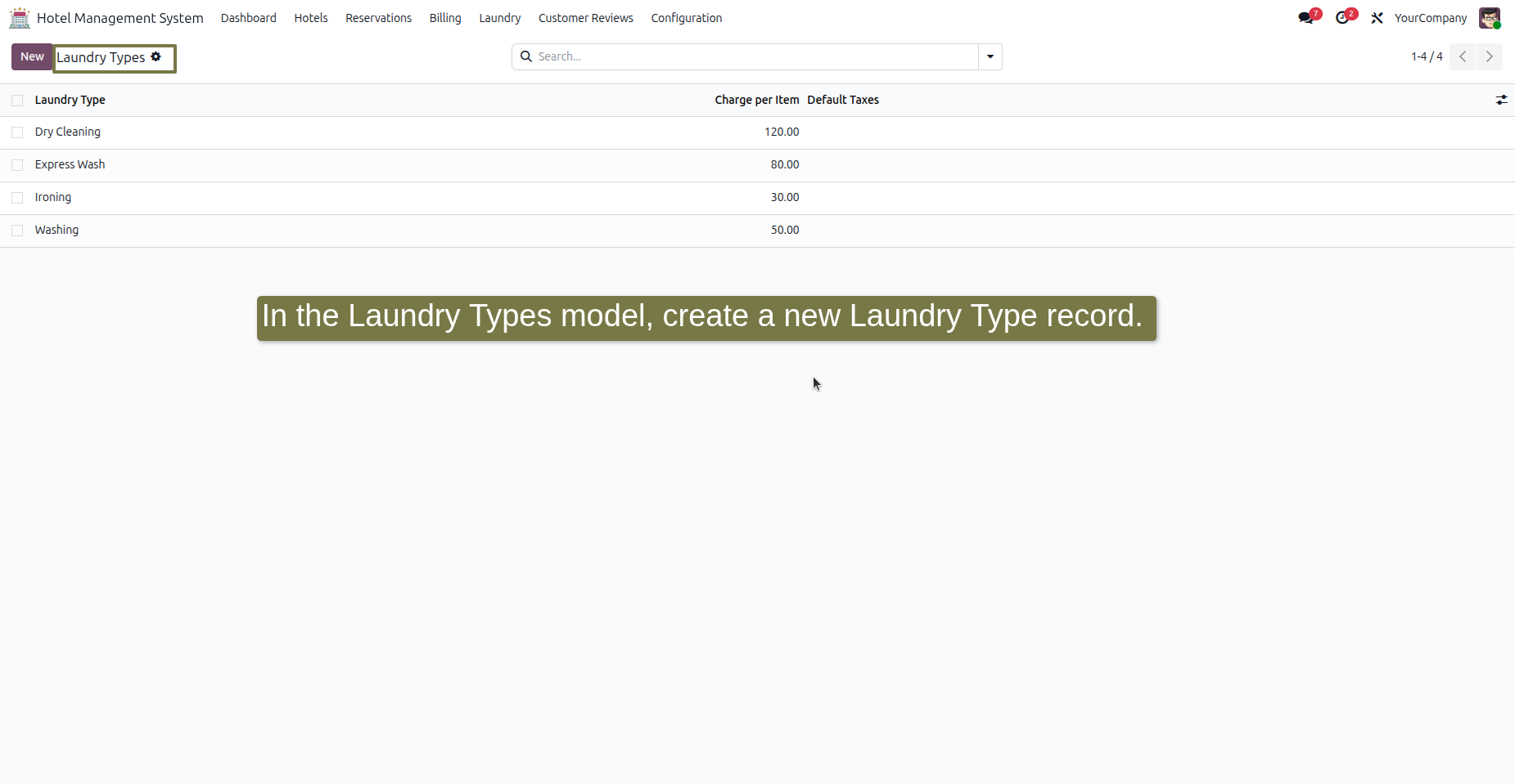 Laundry Types model showing a new Laundry Type record being created.