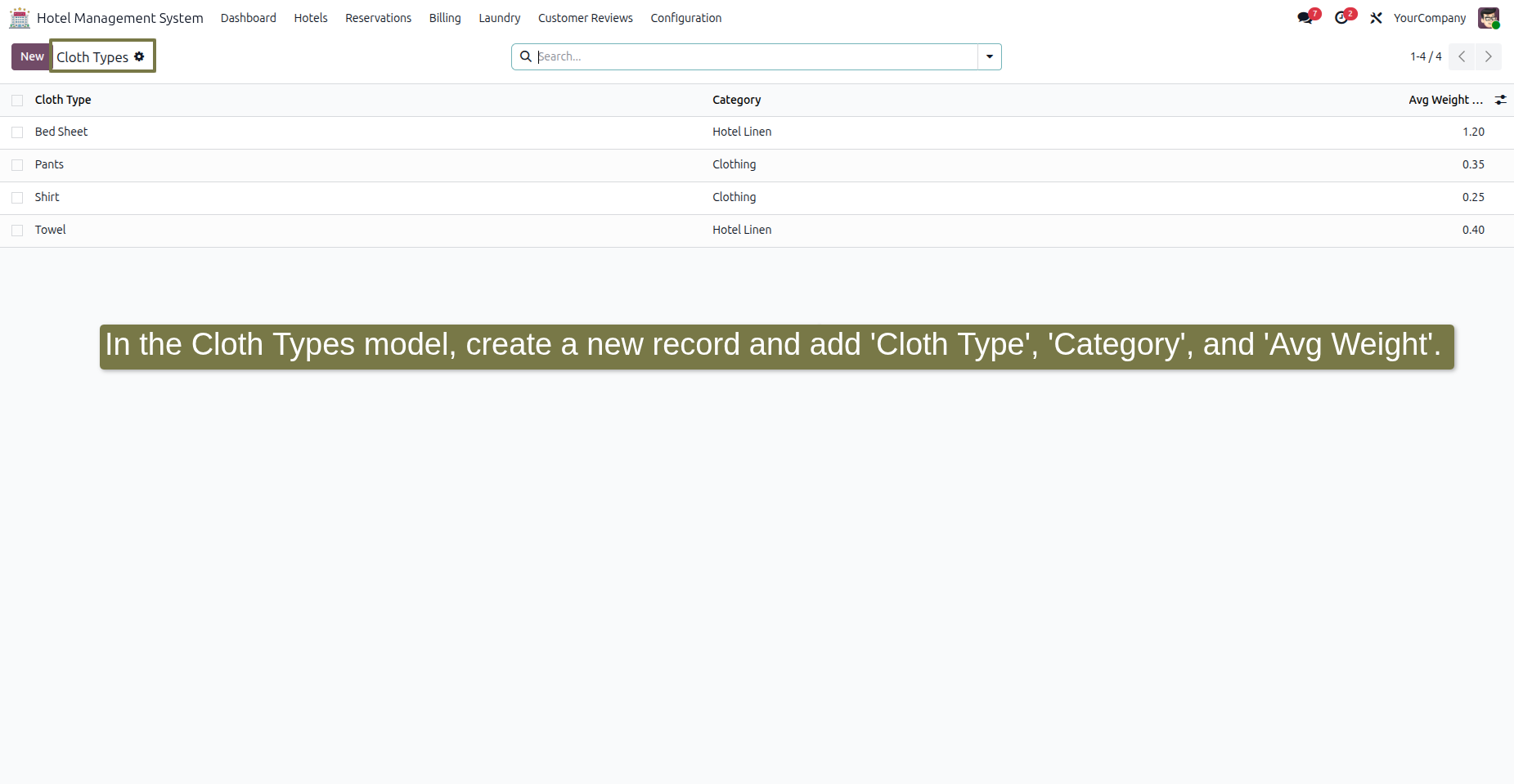 Cloth Types model showing Cloth Type, Category, and Avg Weight fields being filled.